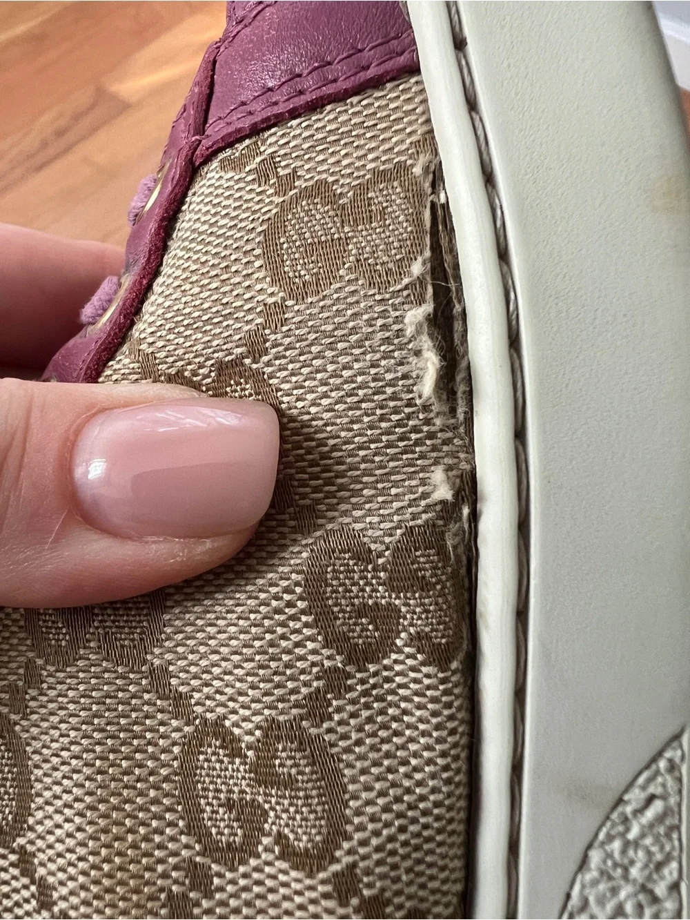 Gucci Beige GG Canvas High-Top Sneakers with Pink Trim